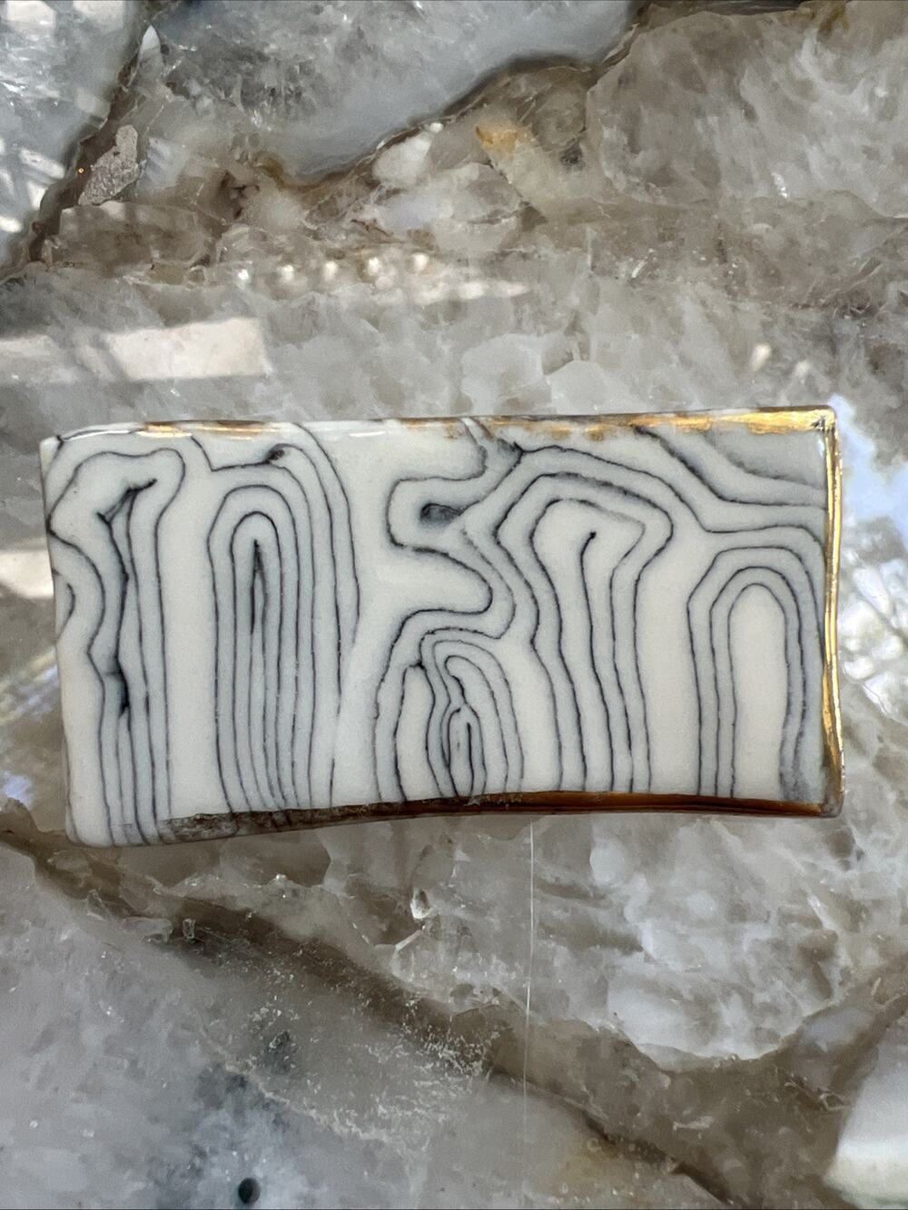 Monochrome Fordite Pin Brooch, Minimalist Black and White Layered Paint Cabochon